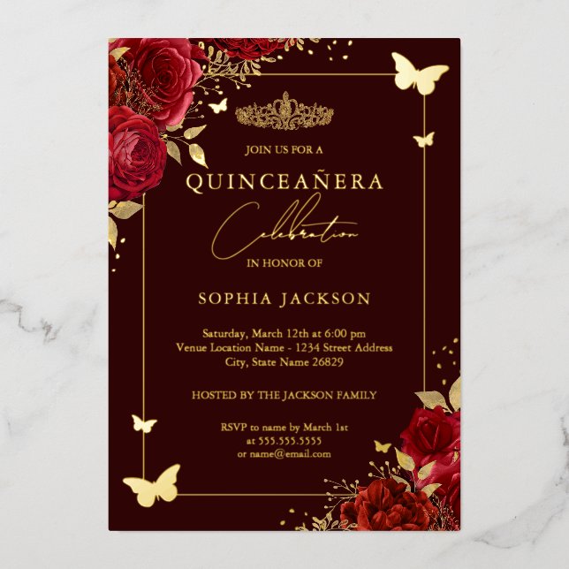Burgundy Red Floral Butterfly Tiara Quinceanera  (Front)