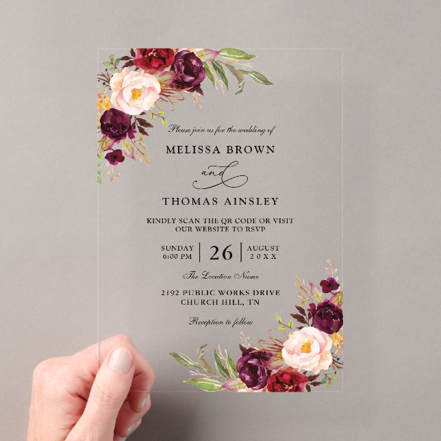 Burgundy Red Floral Chic Budget QR Code Wedding Acrylic Invitations (Insitu (Handheld))
