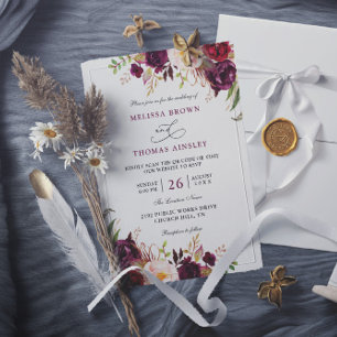 Burgundy Red Floral Chic Budget QR Code Wedding Invitation