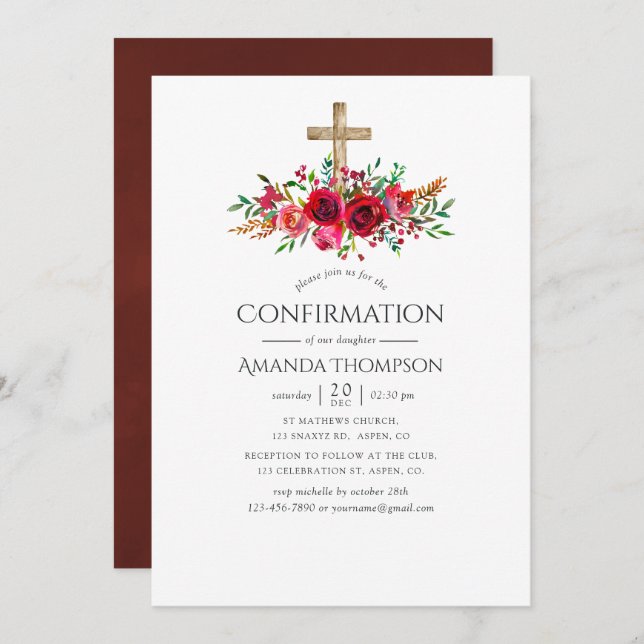 Burgundy Red Floral Confirmation Invitation (Front/Back)