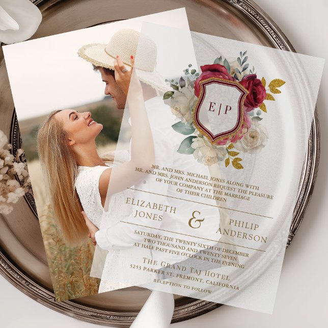 Burgundy Red Floral Crest Monogram Wedding Vellum Invitations (Creator Uploaded)