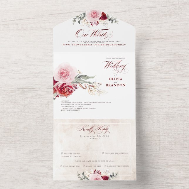 Burgundy Red Floral Elegant Boho Wedding All In One Invitation (Inside)