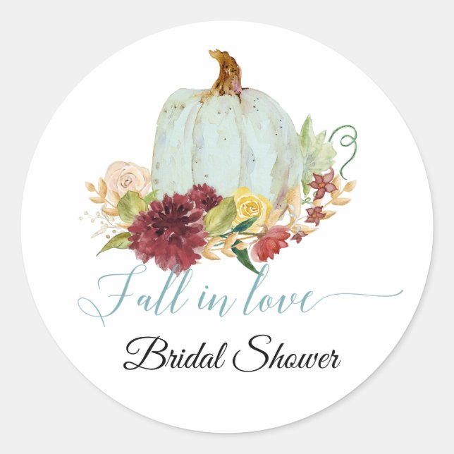 Burgundy Red Floral Fall in Love Pumpkin Bridal Classic Round Sticker (Front)