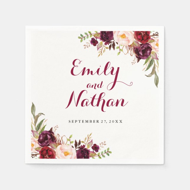 Burgundy Red Floral Fall Wedding Napkin (Front)