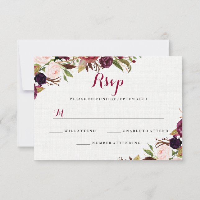 Burgundy Red Floral Fall Wedding RSVP (Front)