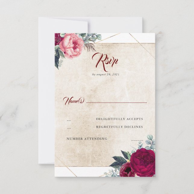 Burgundy Red Floral Fall Wedding RSVP Card (Front)