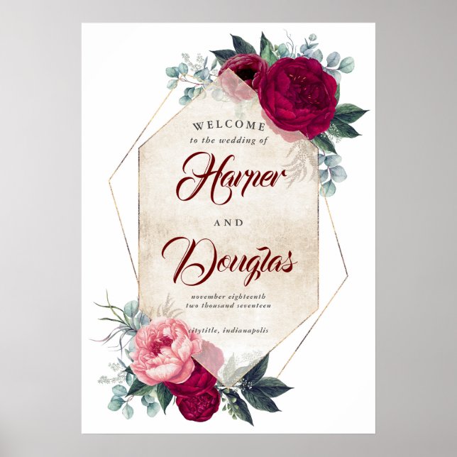 Burgundy Red Floral Fall Wedding Welcome Sign (Front)