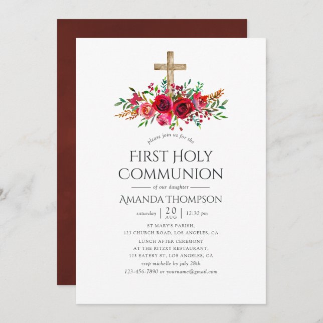 Burgundy Red Floral First Holy Communion Invitation (Front/Back)