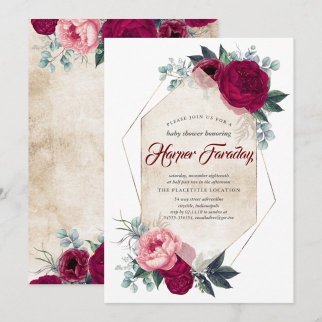 Burgundy Red Floral Geometric Fall Baby Shower Invitation (Front/Back)