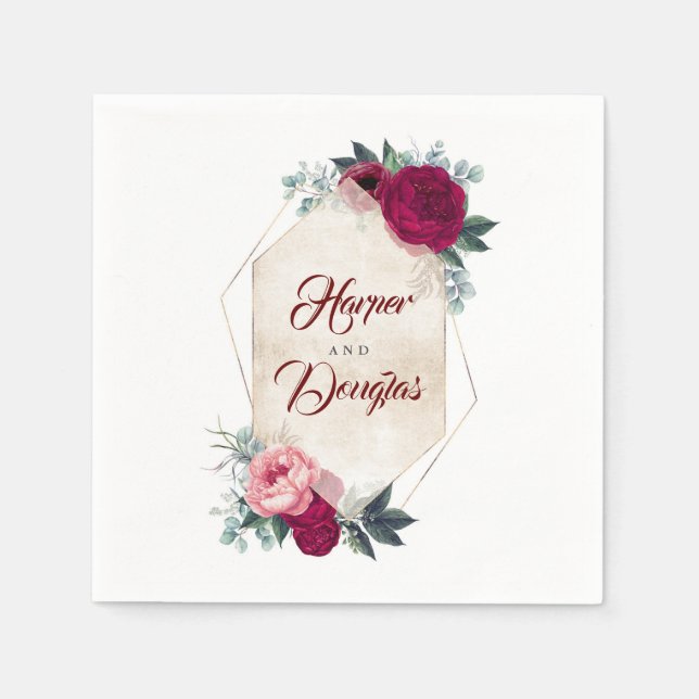 Burgundy Red Floral Geometric Fall Wedding Napkin (Front)