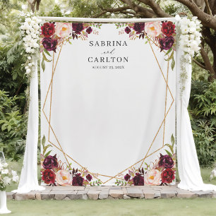 Burgundy Red Floral Geometric Wedding Backdrop Tapestry