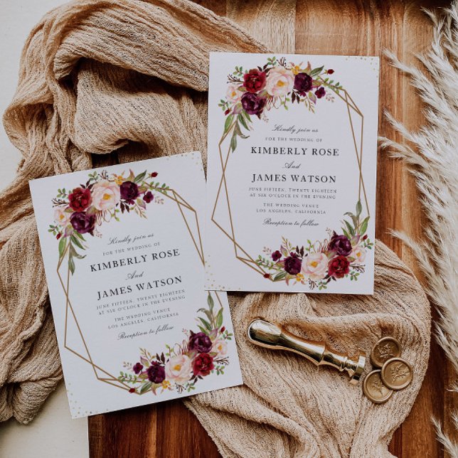 Burgundy red floral geometric wedding invitation (Creator Uploaded)