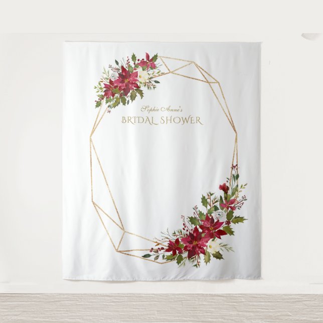 Burgundy Red Floral Gold Bridal Shower Photo Booth Tapestry (Front)