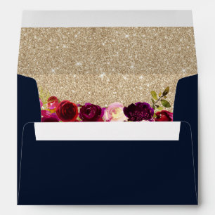 Burgundy Red Floral Gold Glitter Navy Blue Wedding Envelope
