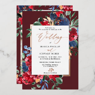 Burgundy red floral gold script photo wedding