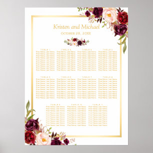 Burgundy Red Floral Gold Wedding Seating Chart