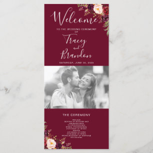 Burgundy Red Floral Hand Lettered Photo Wedding Program