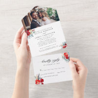 Burgundy Red Floral Holly Watercolor Photo Wedding