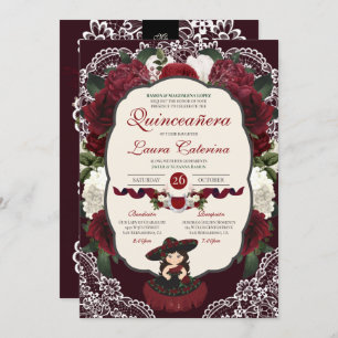 Burgundy Red Floral Lace Charro Quinceanera  Invitation