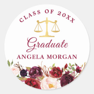 Burgundy Red Floral Law School Graduate Graduation Classic Round Sticker