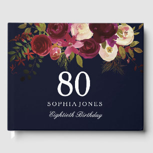 Burgundy Red Floral Navy 80th Birthday Guest Book