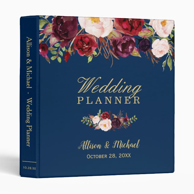 Burgundy Red Floral Navy Blue Gold Wedding Planner Binder (Front/Spine)