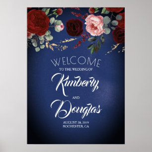 Burgundy Red Floral Navy Blue Mariage Affiche de b