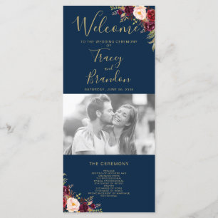 Burgundy Red Floral Navy Blue Script Photo Wedding Program