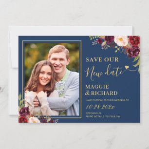 Burgundy Red Floral Navy Blue Wedding Postponed Save The Date