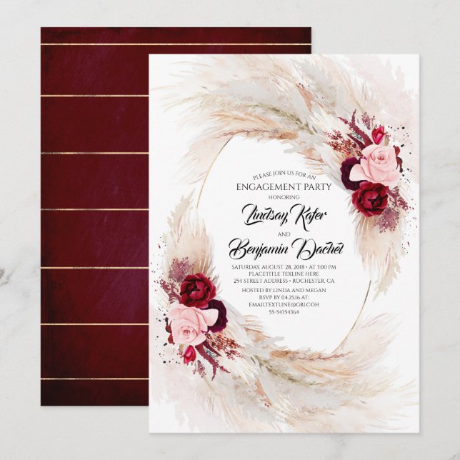 Burgundy Red Floral Pampas Grass Engagement Party Invitation (Front/Back)