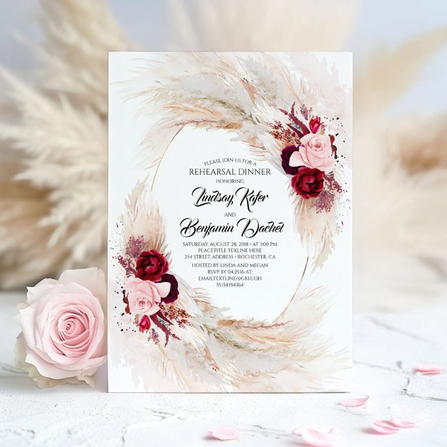 Burgundy Red Floral Pampas Grass Rehearsal Dinner Invitation (Rehearsal Dinner Invitation)