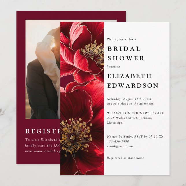 Burgundy Red Floral Photo QR Code Bridal Shower Invitation (Front/Back)