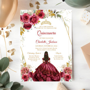 Burgundy Red Floral Quinceanera Birthday Invitation