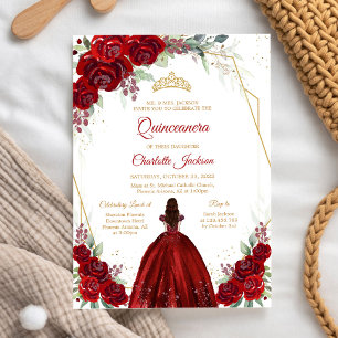 Burgundy Red Floral Quinceanera Birthday  Invitation
