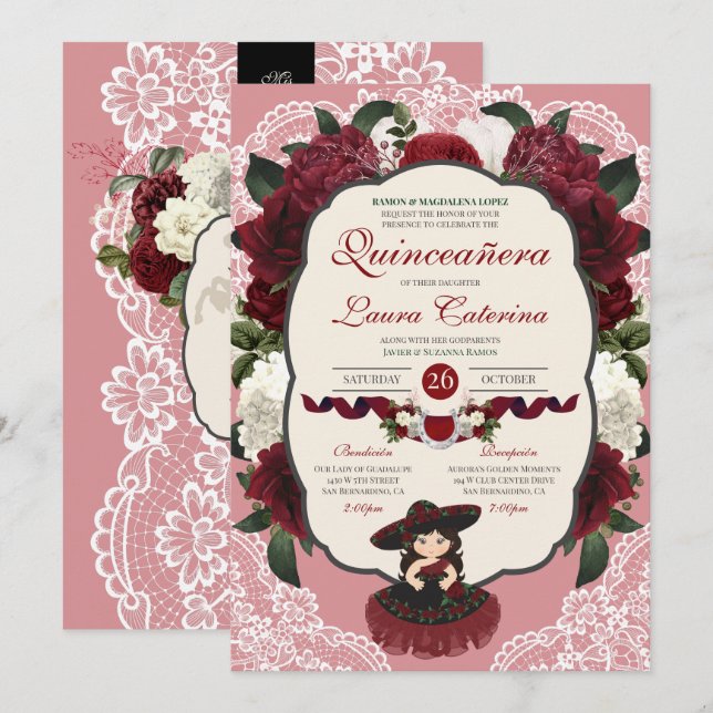 Burgundy Red Floral Rose Charro Quinceanera Invitation (Front/Back)