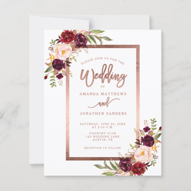 Burgundy Red Floral Rose Gold Script Wedding (Front)