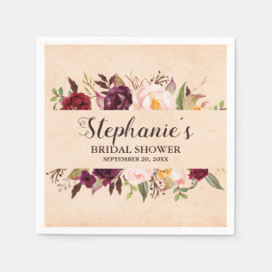 Burgundy Red Floral Rustic Boho Bridal Shower Napkin