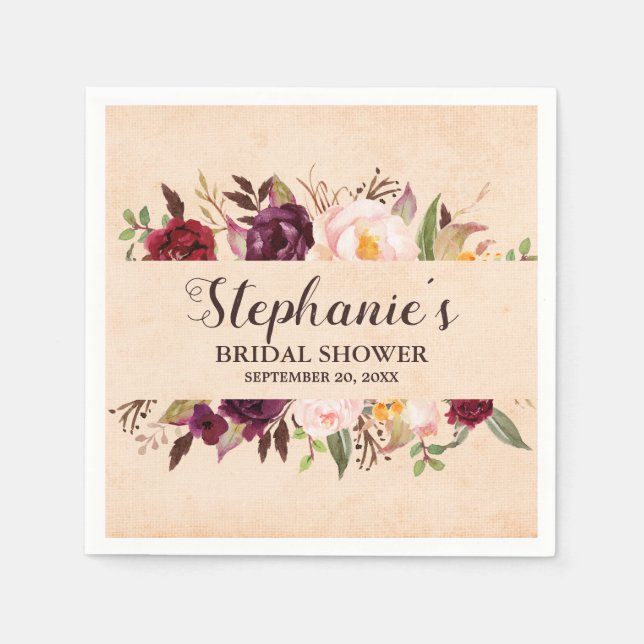 Burgundy Red Floral Rustic Boho Bridal Shower Napkin (Front)