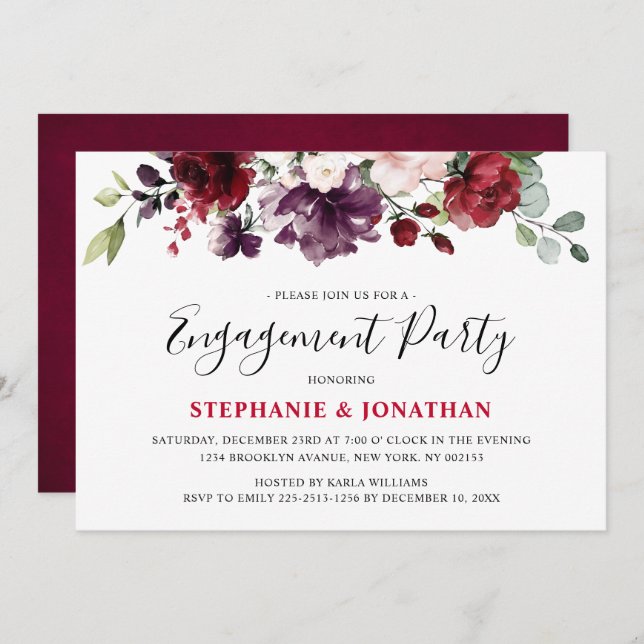 Burgundy Red Floral Rustic Boho Engagement Invitation (Front/Back)