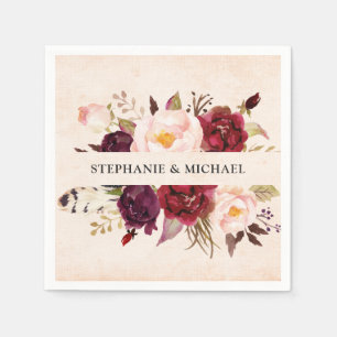 Burgundy Red Floral Rustic Boho Paper Napkin