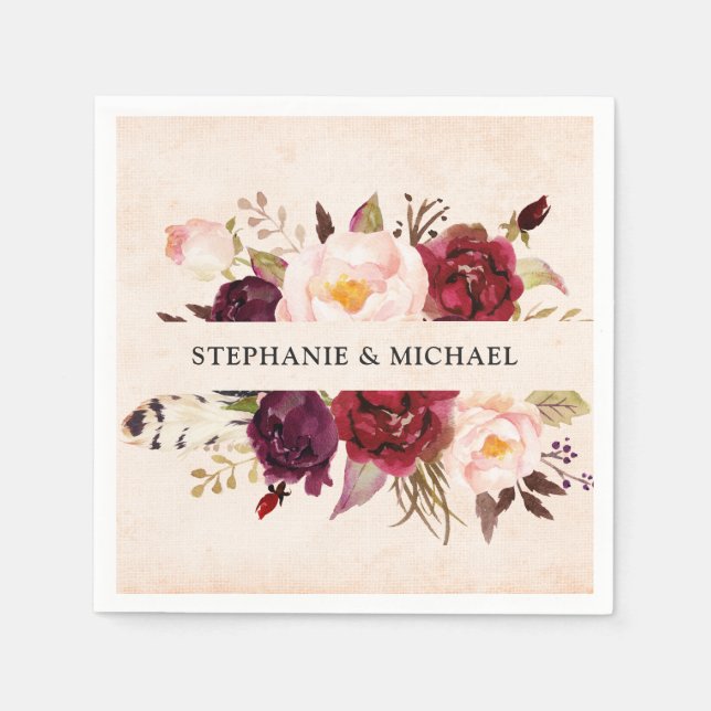 Burgundy Red Floral Rustic Boho Paper Napkin (Front)