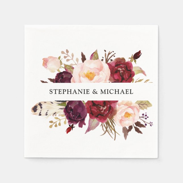 Burgundy Red Floral Rustic Boho Paper Napkin (Front)