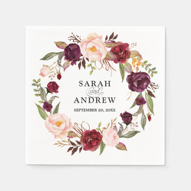 Burgundy Red Floral Rustic Boho Paper Napkin (Front)