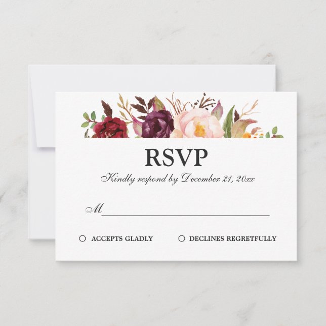 Burgundy Red Floral Rustic Boho RSVP Card (Front)