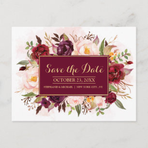 Burgundy Red Floral Rustic Boho Save the Date Announcement Postcard