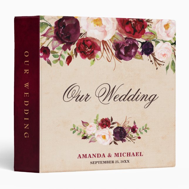 Burgundy Red Floral Rustic Boho Wedding Album Binder (Front/Spine)