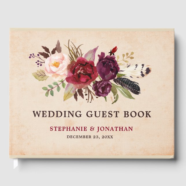 Burgundy Red Floral Rustic Boho Wedding guest book (Front)