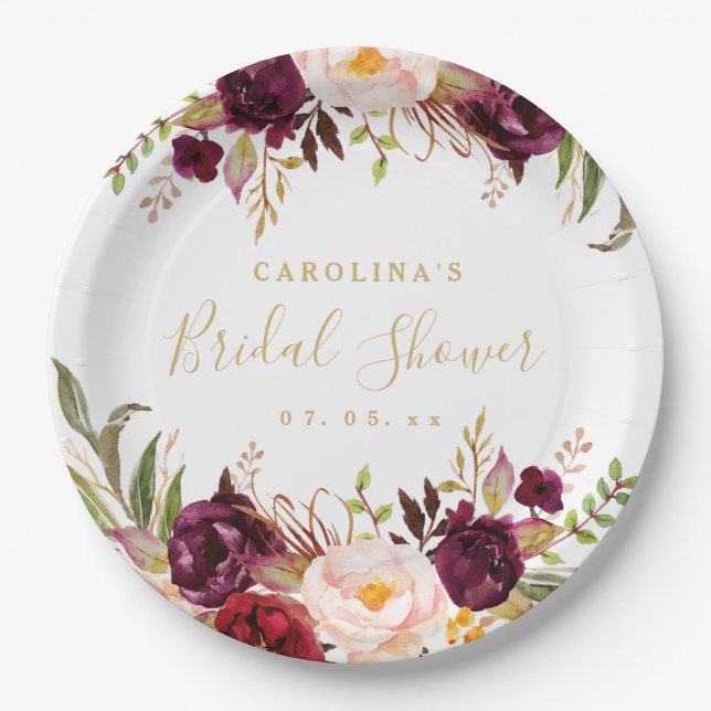 Burgundy Red Floral Rustic Bridal Shower Paper Plate (Front)