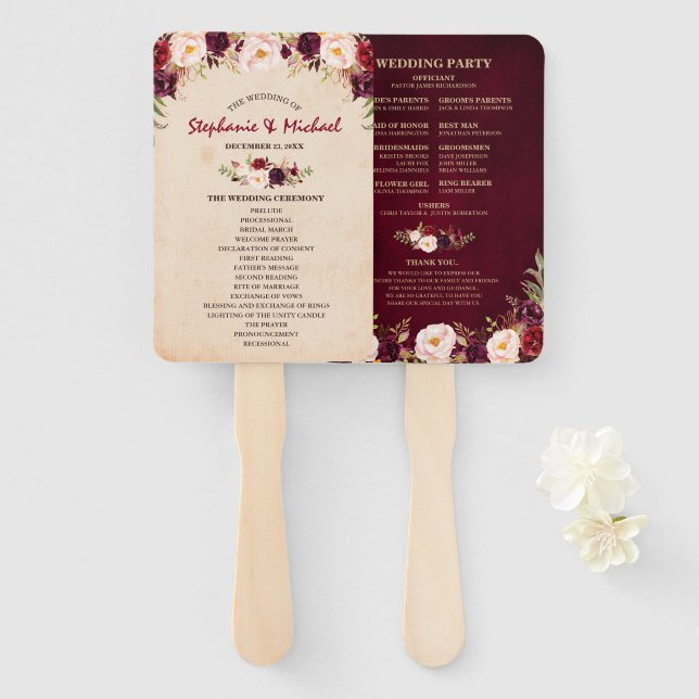Burgundy Red Floral Rustic Burlap Wedding program Hand Fan (Front and Back)