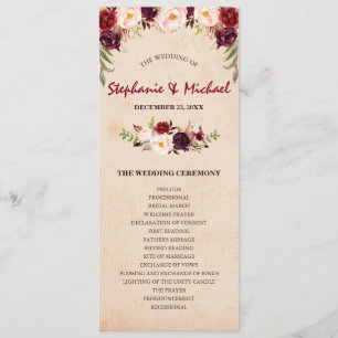 Burgundy Red Floral Rustic Wedding program